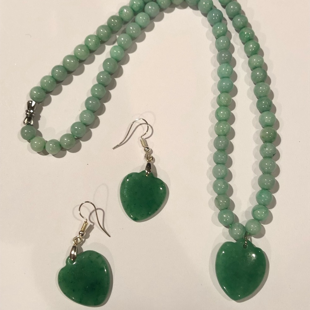 Jade heart necklace and earrings set